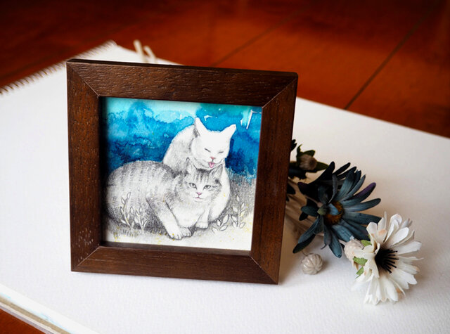小さな額入の原画「旅先の猫と」の画像1枚目
