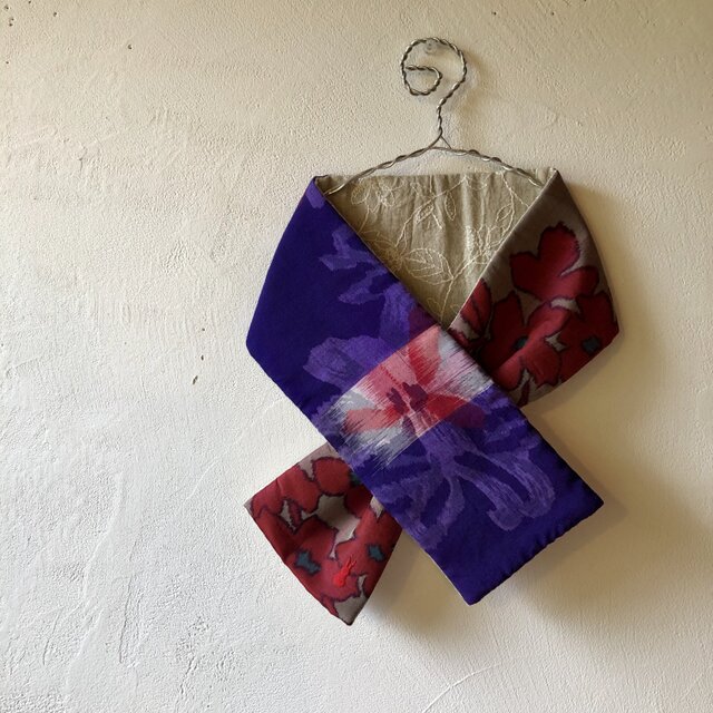 銘仙×リネン刺繍の小さな襟巻き283　ストール ネックウォーマー プチマフラー リバーシブル