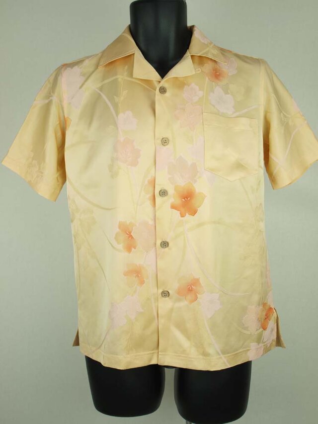 アロハシャツ 本物の着物地仕立て 着物 正絹 メンズ レディース ユニセックス 夏 海 総柄 半袖 黄色地 花柄 Sサイズ