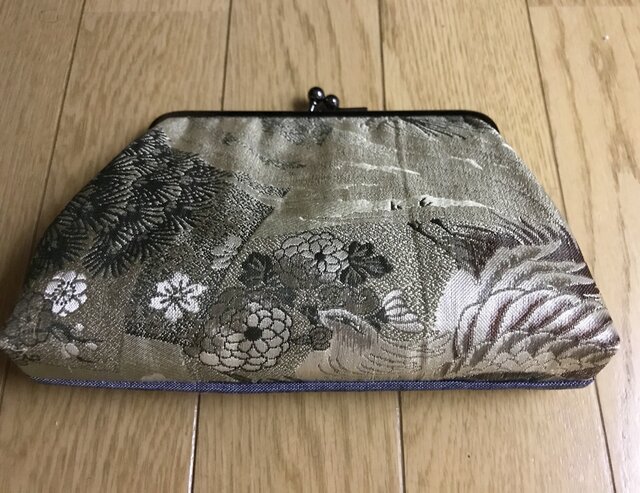 がまぐち・角型 大 オリーブグリーン鳳凰柄帯地×デニム地★の画像1枚目