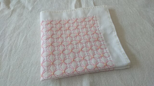 刺し子の花ふきん あじさい刺し ピンクの画像1枚目