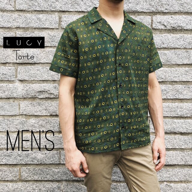 《Men’s》オープンカラーシャツ【GREENフラワー】の画像1枚目