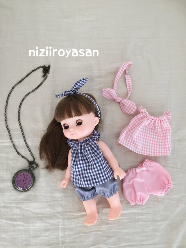 色が選べるチェックのチュニック、かぼちゃパンツ、リボンの3点セットの画像1枚目