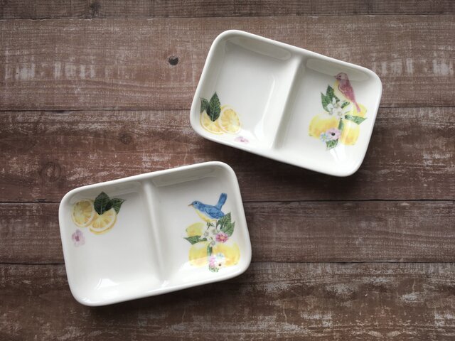 名入れ可!小鳥×レモン 仕切り皿 薬味入れ 2つセットの画像1枚目