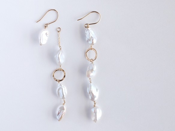 【14kgf/本真珠】2way 人魚姫のピアス 海 夏 シェル バロック ケシ パール 貝 砂浜 アシンメトリーの画像1枚目