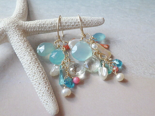 *14kgf *Ocean Gem Drop Earrings 海の天然石ダングルピアスの画像1枚目