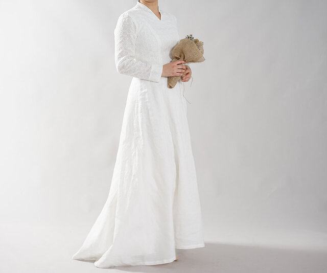 【wafu】リネン100% ウエディングドレス リネンドレス 結婚式 ブライダル 長袖 / ホワイト a092a-wht2の画像1枚目