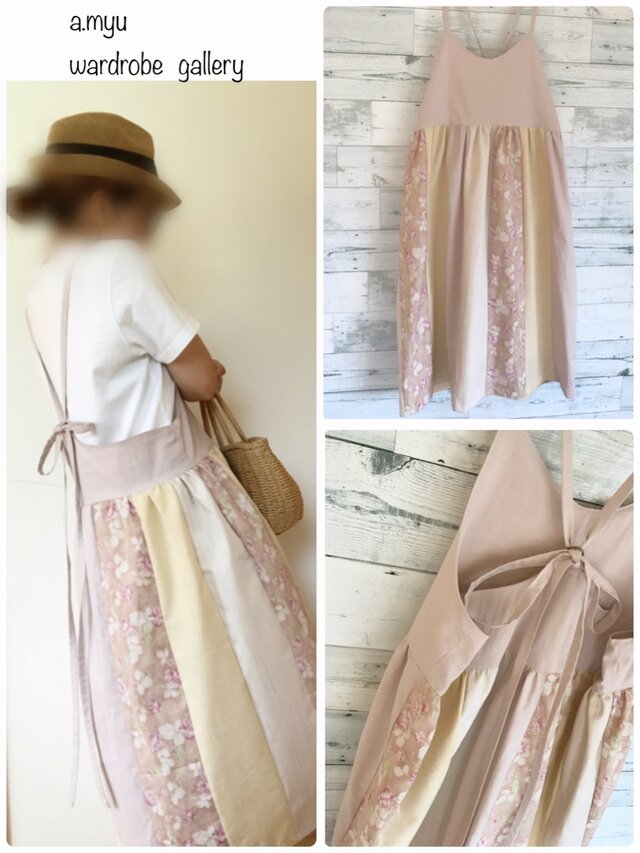 a.myu 新作淡いピンク♪後ろリボンワンピース♪パッチワークフリーサイズワンピースの画像1枚目