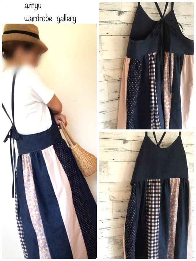 a.myu 新作リネンインディゴ♪後ろリボンワンピース♪パッチワークフリーサイズの画像1枚目