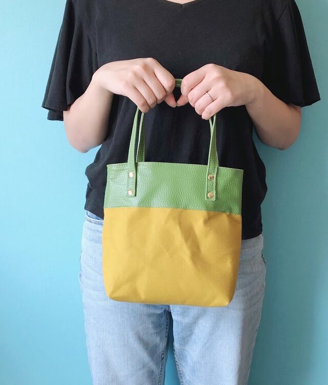 ミニ トートバッグ 丈夫な 6号帆布 マスタード イエロー & 本革 シュリンク 抹茶 グリーンの画像1枚目