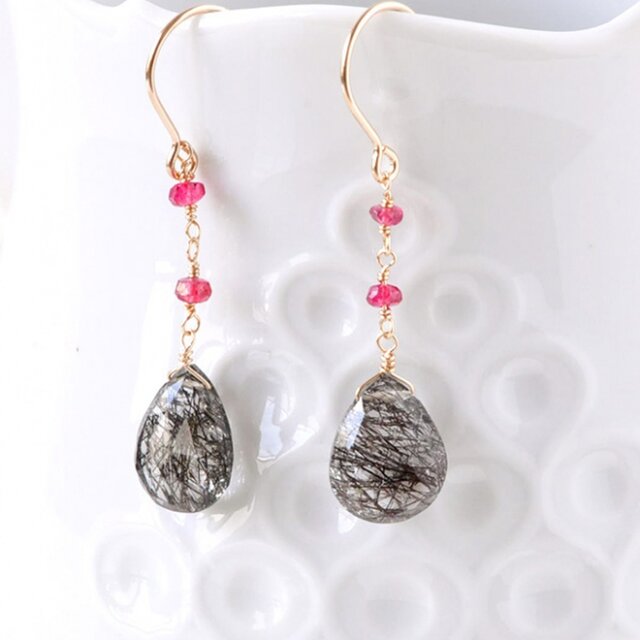 天然石ピアスブラックルチルブラックスピネル淡水パール水晶