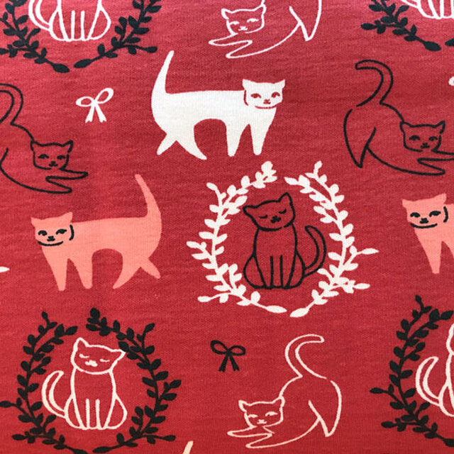 アメリカBirch プリントニットカットクロス Pirouette 猫 レッド オーガニックコットンの画像1枚目