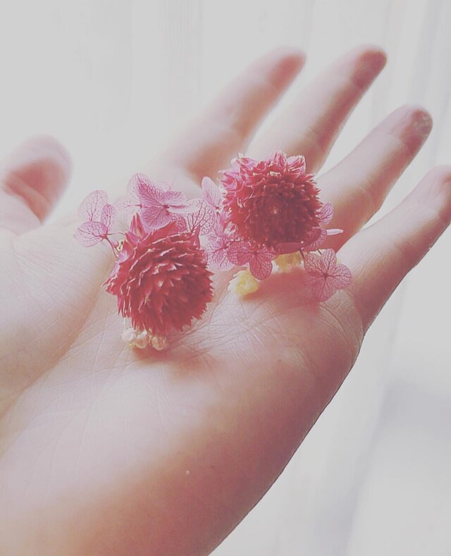 いちごそうのピアス(ドライフラワー センニチコウ)の画像1枚目