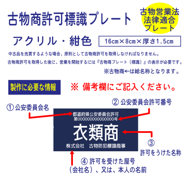 古物商プレート 【許可証】 紺色 標識 警察・公安委員会指定 オーダーメイド 2層板アクリル製彫刻 | iichi  日々の暮らしを心地よくするハンドメイドやアンティークのマーケットプレイス