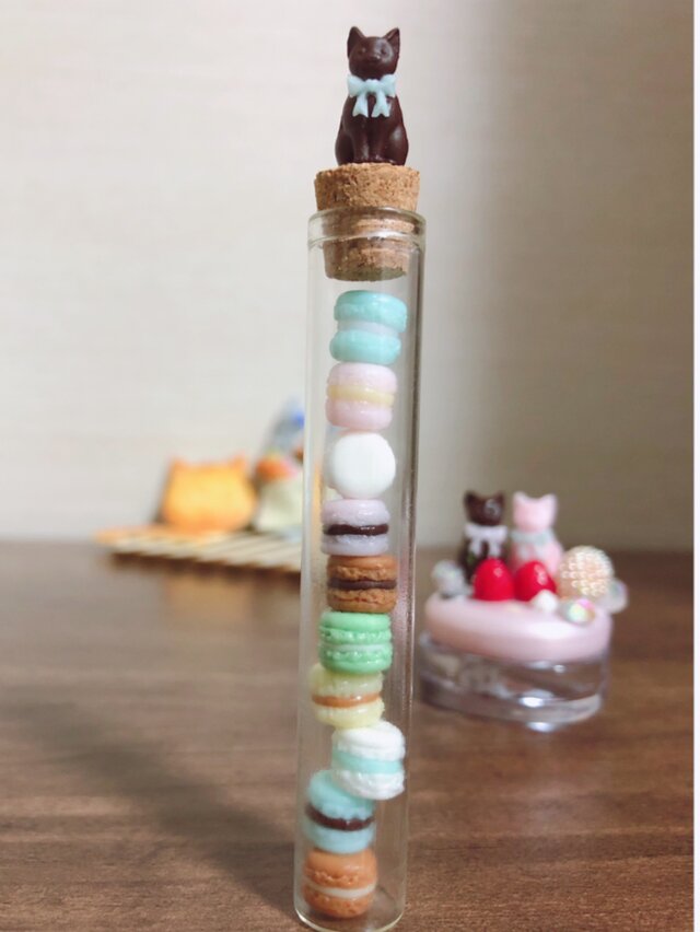 {ミニチュアフード}にゃんこショコラとマカロンがいっぱいのミニボトルの画像1枚目