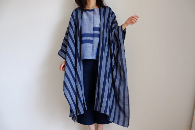 ロング ケープ コート Re_1say /リネン ストライプ 【 藍色 と 浅葱色 】1点モノ long capeの画像1枚目