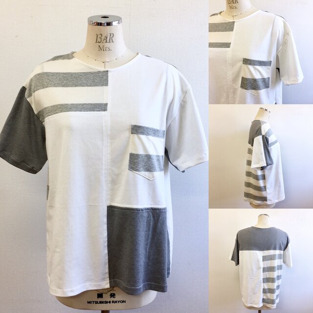 再販×2 男女兼用❤️ハギレ布の切替Tシャツ (男女フリー メンズ L、レディース L L)の画像1枚目