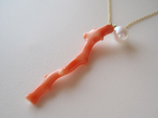 天然珊瑚&淡水パールのネックレス/Japanese Coral&Fresh water pearl 14kgfの画像1枚目