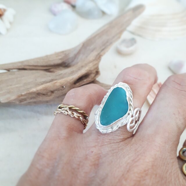 【11号】silver925 seaglass ring - side heart -の画像1枚目