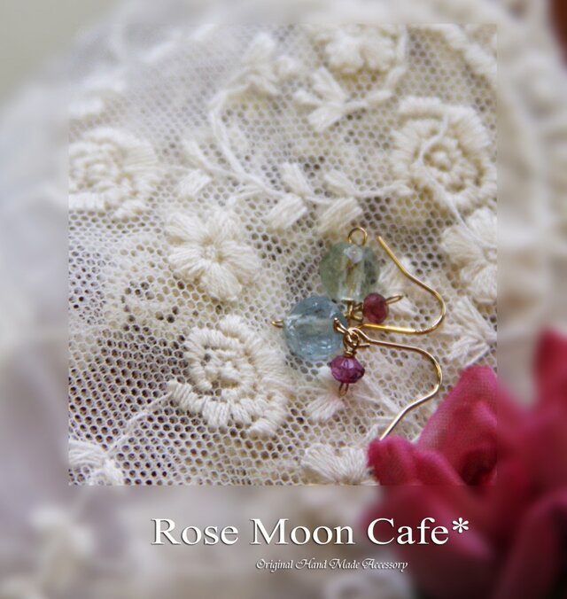 K14GFキュートなフローライトとピンククォーツピアス　