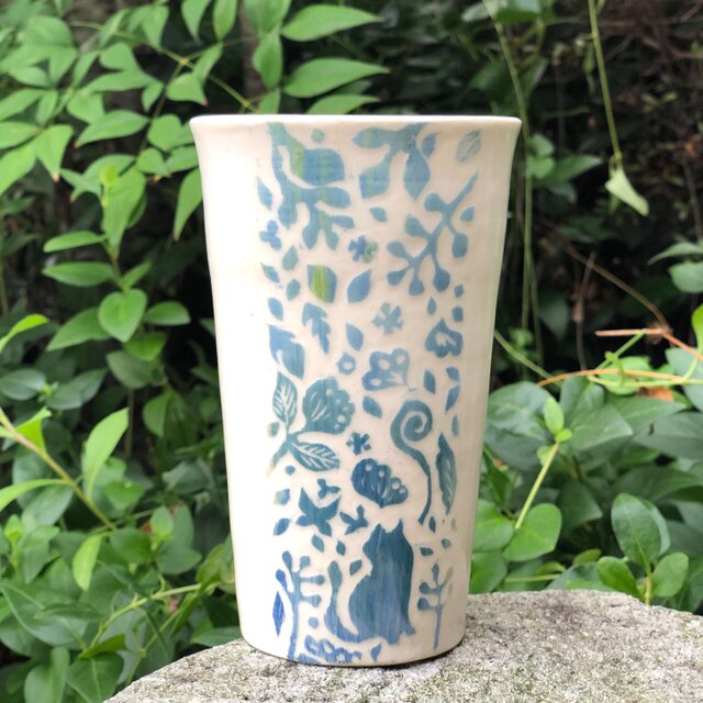 Large kakitoshi cup - 猫やオナガドリが来る庭