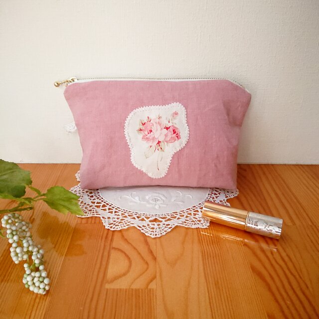 薔薇のアップリケ♪リネンポーチ