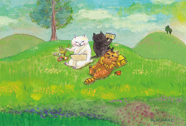 カマノレイコ オリジナル猫ポストカード「野山でスケッチ」2枚セットの画像1枚目