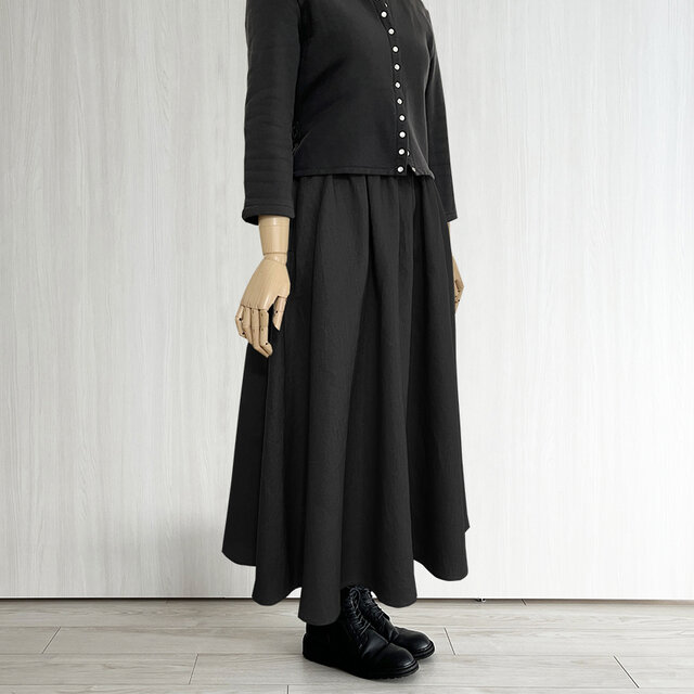 ギャザーフレアロング丈スカート_選べるスカート丈_リネン100%_Black