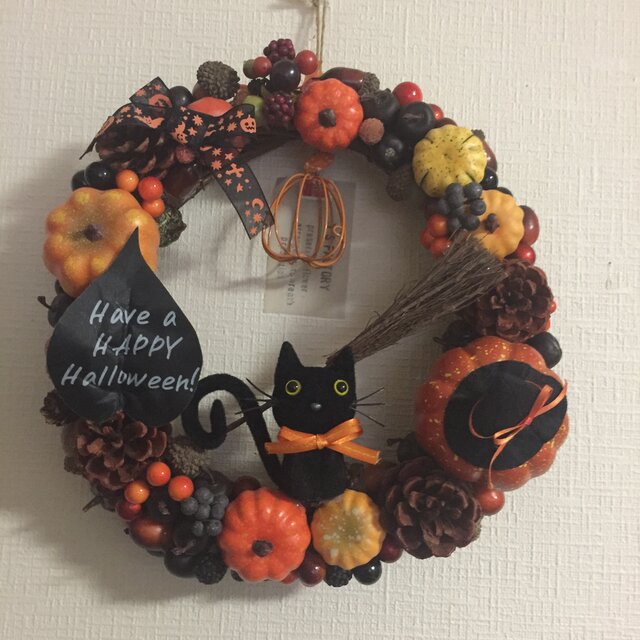 ハンドメイド木の実 かぼちゃ おばけ 黒猫 ハロウィン リース 秋 派手 かわいい