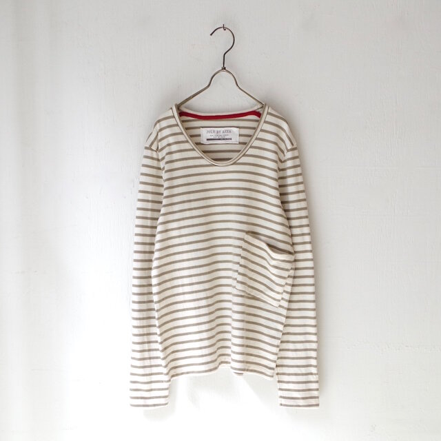 <新色!> 秋冬用 ボーダーポケットロンT (off white × khaki)の画像1枚目