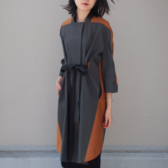 送料無料】コクーンシルエットバイカラーコート（ダークモスグリーン