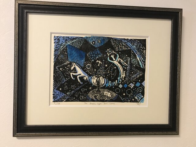 T様ご予約品 木版画額装作品「詩人はランプに火を点すだけ」の画像1枚目
