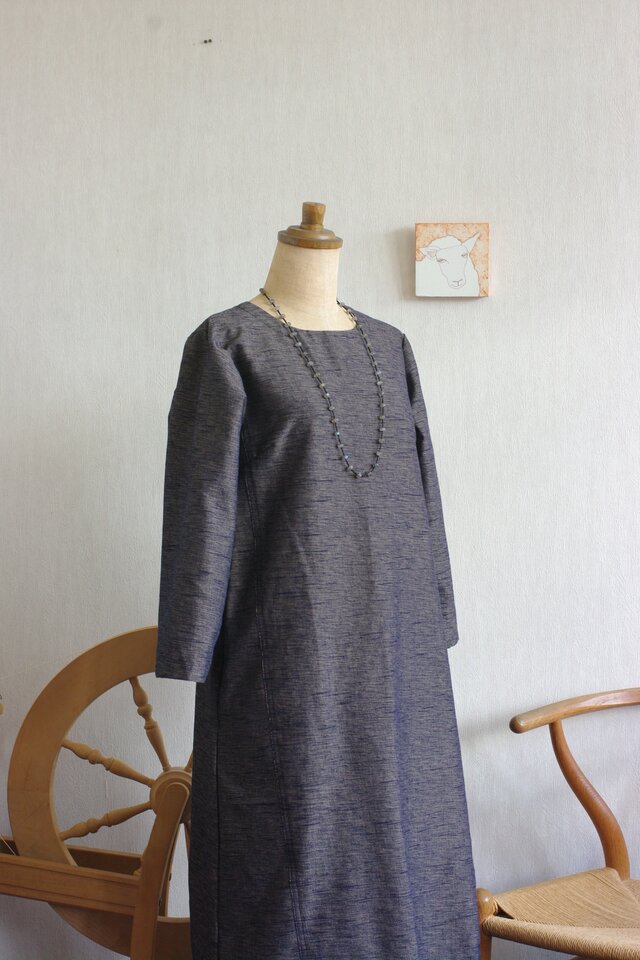 久留米絣濃紺×アイボリー色七分袖ワンピース