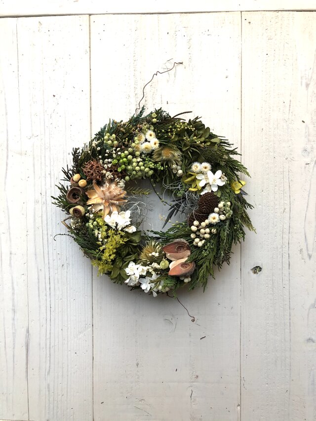 シックなグリーン・プリザーブドフラワー&木の実のリース・クリスマスリースにいかが？