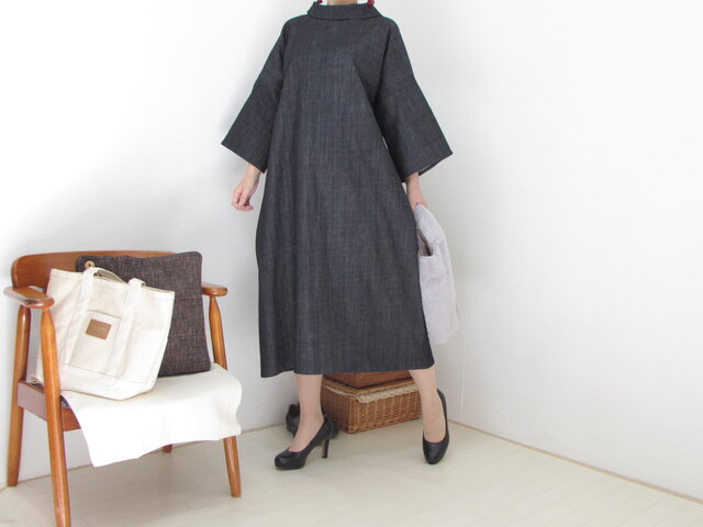 *のぶ様ご予約品*1888 スタンドカラーのAラインワンピース コットンデニムの画像1枚目