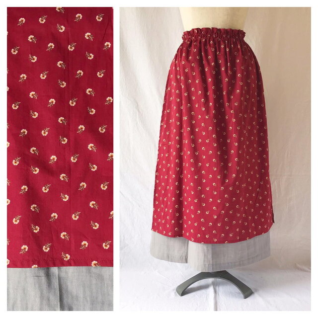 【肌ざわり至上主義】大人のエプロンスカート：85cm（秋の野原：ワイン）