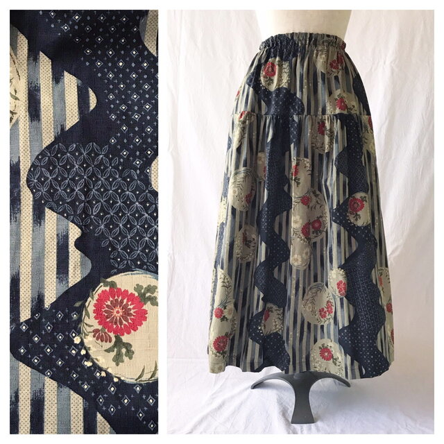 【和柄】はんなりとモダンなティアードスカート（夢二：濃紺）