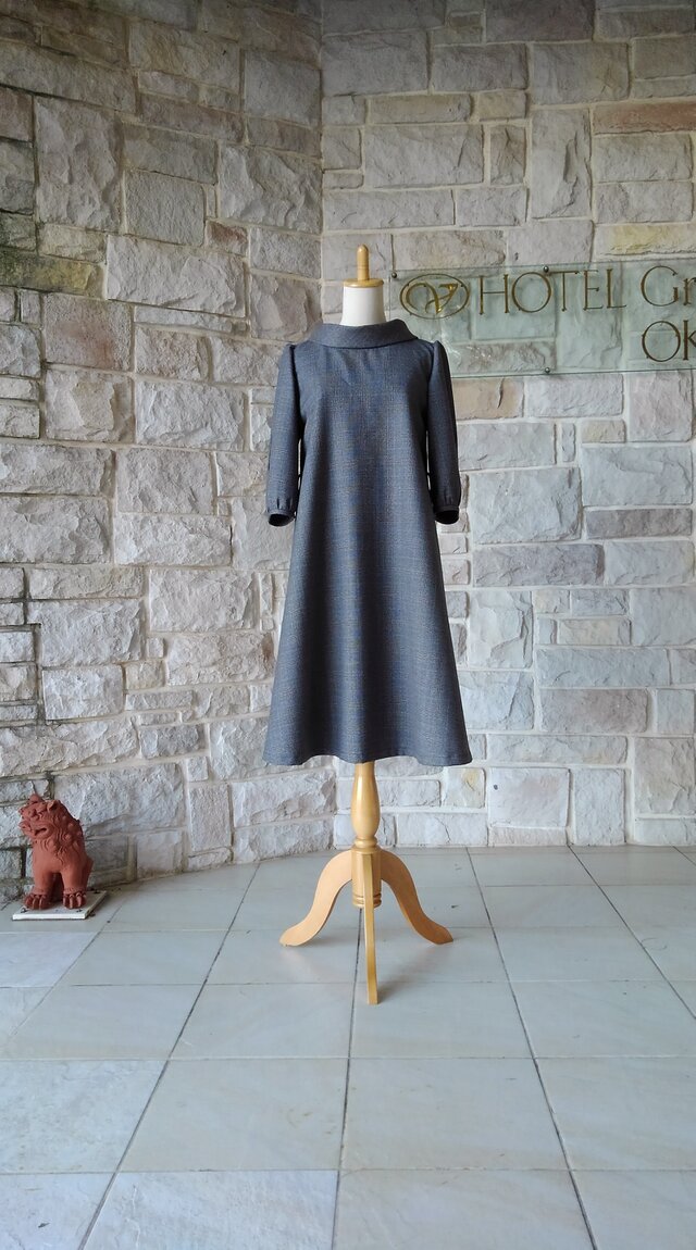 (Ｍ) ミッションスクールのお嬢様 ロールカラー クラシカルワンピース　七分袖　グレンチェック