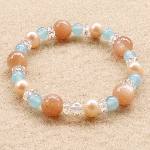 同性からも好かれる人間関係の頂点｜高品質オレンジムーンストーン･淡水パール（サーモンピンク）･シーブルーカルセドニーなど