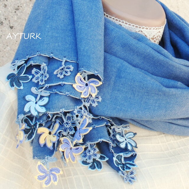 【再販】レースの花付き パシュミナストール「風車／2辺」ヘザーブルー