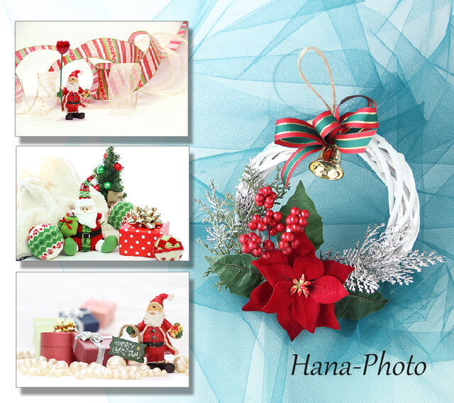 サンタカード+ポインセチアのクリスマスリース リース台:15㎝ (201)の画像1枚目