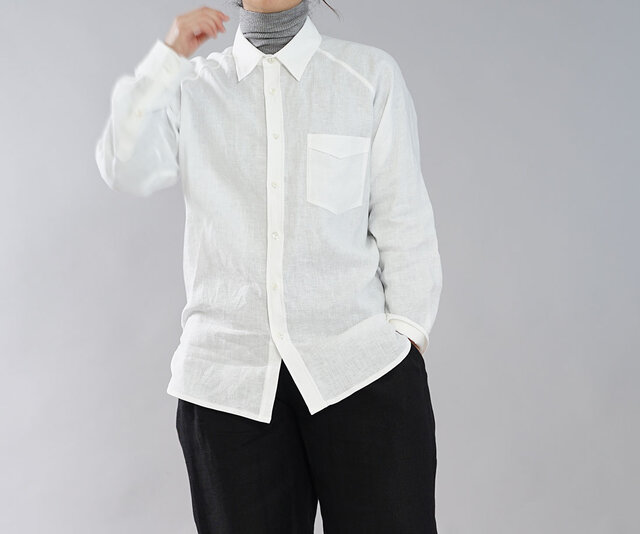 【wafu】薄手 雅亜麻 リネン 本格 プレミアム メンズ シャツ ラグランスリーブ 長袖 / 白色 t035a-wht1の画像1枚目