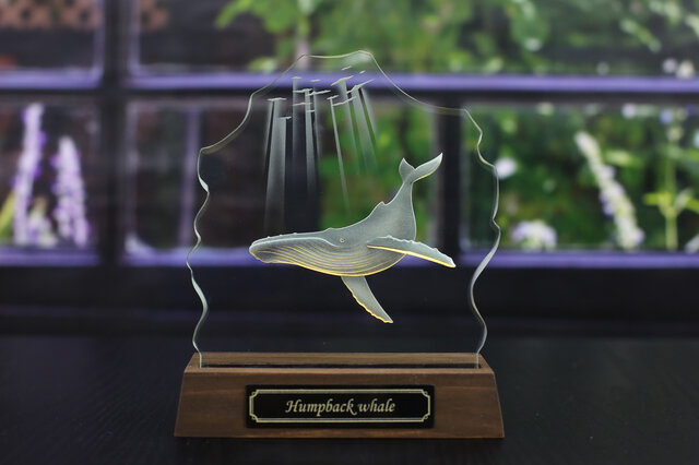 座頭くじらのLED照明付き小さなエッチングガラス パネルオブジェ