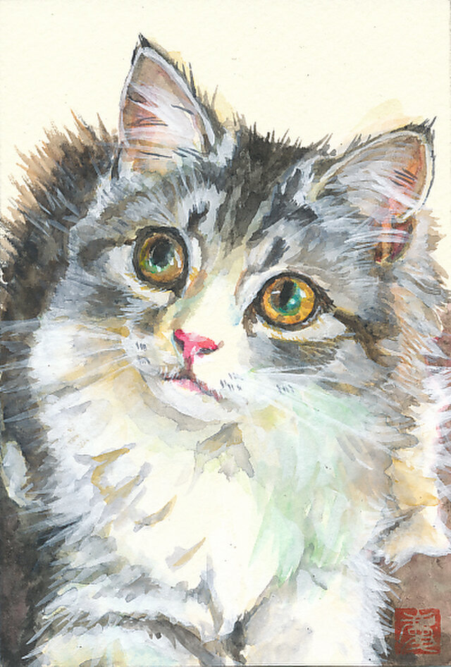 猫 水彩画 原画 絵 猫 ミモザ - イラスト