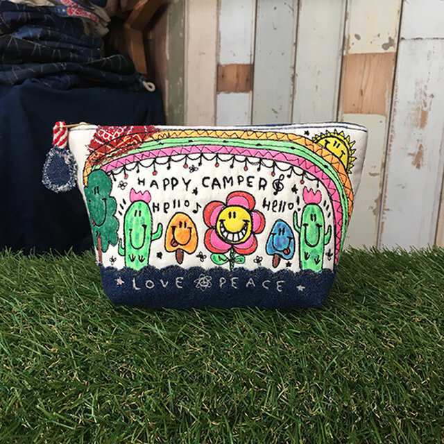 キノコ&サボテン刺繍マチ付きポーチ大の画像1枚目