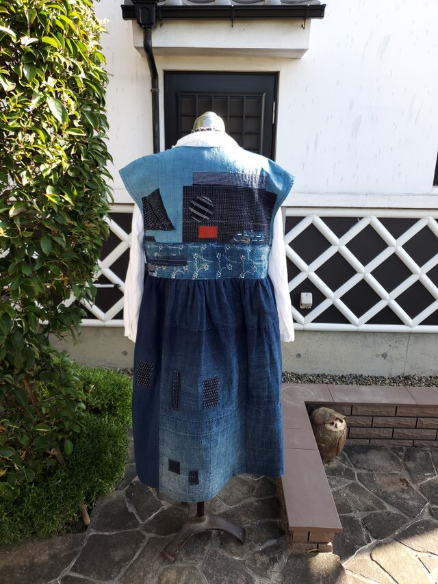 着物リメイク ハンドメイド 藍の濃淡、BORO ランル ジャンパースカート-
