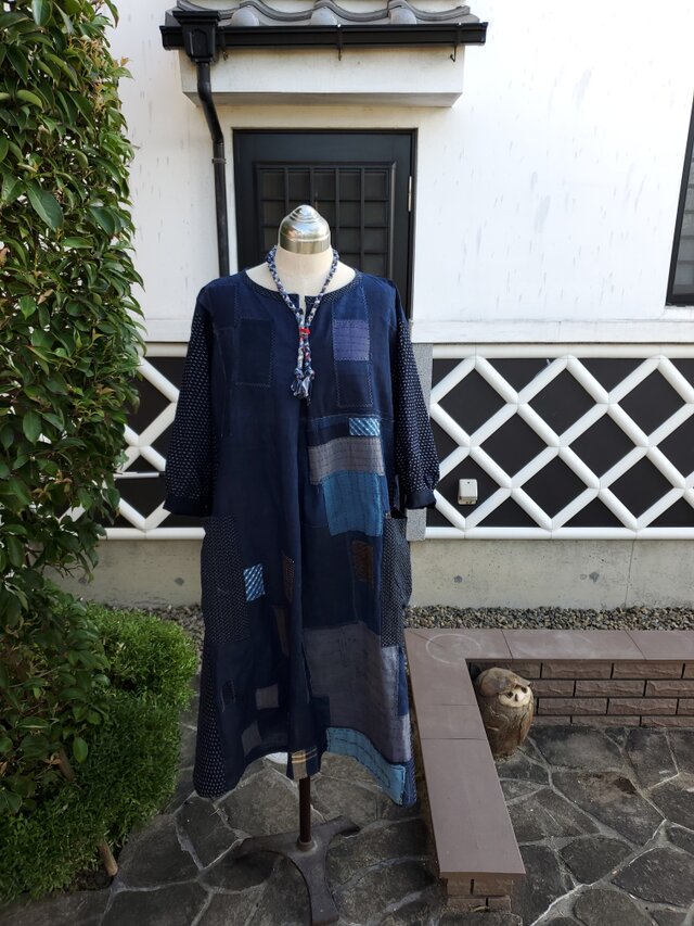 着物リメイク　ハンドメイド　かすり、BORO パッチ　ワンピース