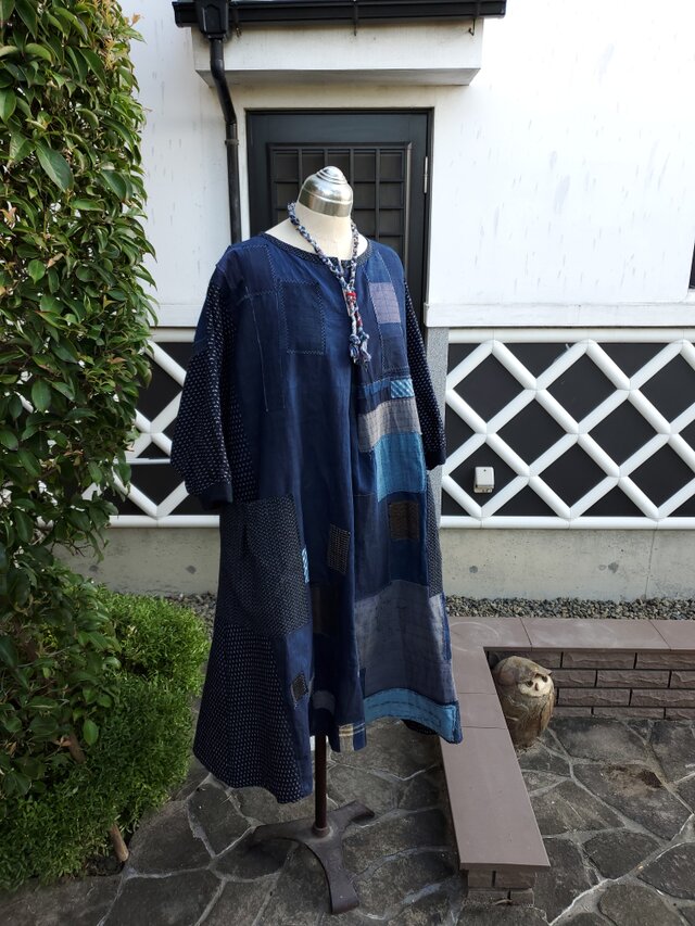 着物リメイク ハンドメイド かすり、BORO パッチ ワンピース | iichi