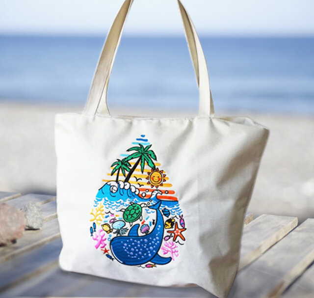 海柄 刺繍 エコ/トートバッグ(撥水防水・ outdoor向け iichi 日々の暮らしを心地よくするハンドメイド やアンティークのマーケットプレイス