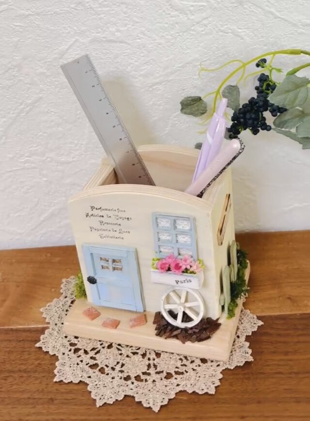 ミニチュア＊木製ペンスタンド】お家 カフェ ペン立て 文具 グリーン
